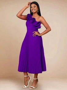 Vestido de verano elegante con un hombro, dobladillo con volantes y pliegues - Morado - Ver 8