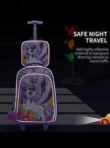 BLING BABIES Zestaw 3 plecaków na kółkach dla dziewcząt, fioletowy, uroczy, kreskówkowy, z księżycem i jednorożcem, z cekinami, torba na książki dla uczniów szkół podstawowych, torba szkolna na kółkach z lunchboxem i piórnikiem.
