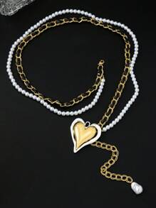 1pc Corrente de cintura da moda feminina, corrente de coração com contas de pérolas falsas, acessórios elegantes para combinar com suéteres e casacos para festa, dia dos namorados de outono/inverno, mãe, mãe, dia das mães, presente