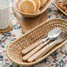 1pc Woven Rattan Mini Tray, Snack Plate, Fruit Basket, Bread Basket, Bowl For Home Decor, Kitchen, Christmas