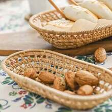 1pc Woven Rattan Mini Tray, Snack Plate, Fruit Basket, Bread Basket, Bowl For Home Decor, Kitchen, Christmas