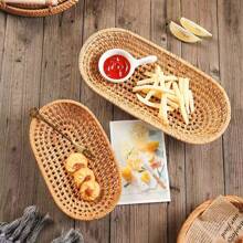1pc Woven Rattan Mini Tray, Snack Plate, Fruit Basket, Bread Basket, Bowl For Home Decor, Kitchen, Christmas