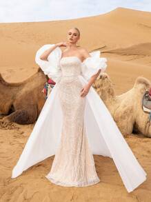Luxury Strapless Mermaid Hem Beaded Formal Dresses & Evening Gowns With Dramatic Ruffled Sleeves Party Wedding Elegant - White - View 7