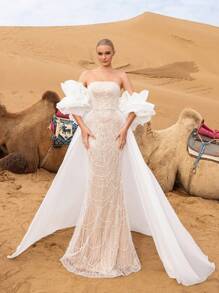 Luxury Strapless Mermaid Hem Beaded Formal Dresses & Evening Gowns With Dramatic Ruffled Sleeves Party Wedding Elegant - White - View 4