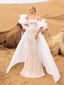 Luxury Strapless Mermaid Hem Beaded Formal Dresses & Evening Gowns With Dramatic Ruffled Sleeves Party Wedding Elegant - White - View 2