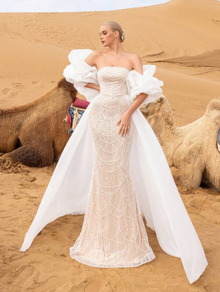 Luxury Strapless Mermaid Hem Beaded Formal Dresses & Evening Gowns With Dramatic Ruffled Sleeves Party Wedding Elegant