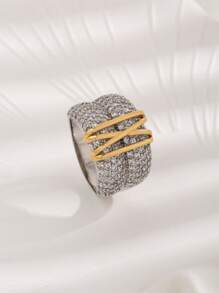 1pc Stylish Dual-Layer Dual-Tone Plated Zirconia Crossed Ring, Unisex Couple Rings Suitable For Daily Wear - Multicolor - View 1