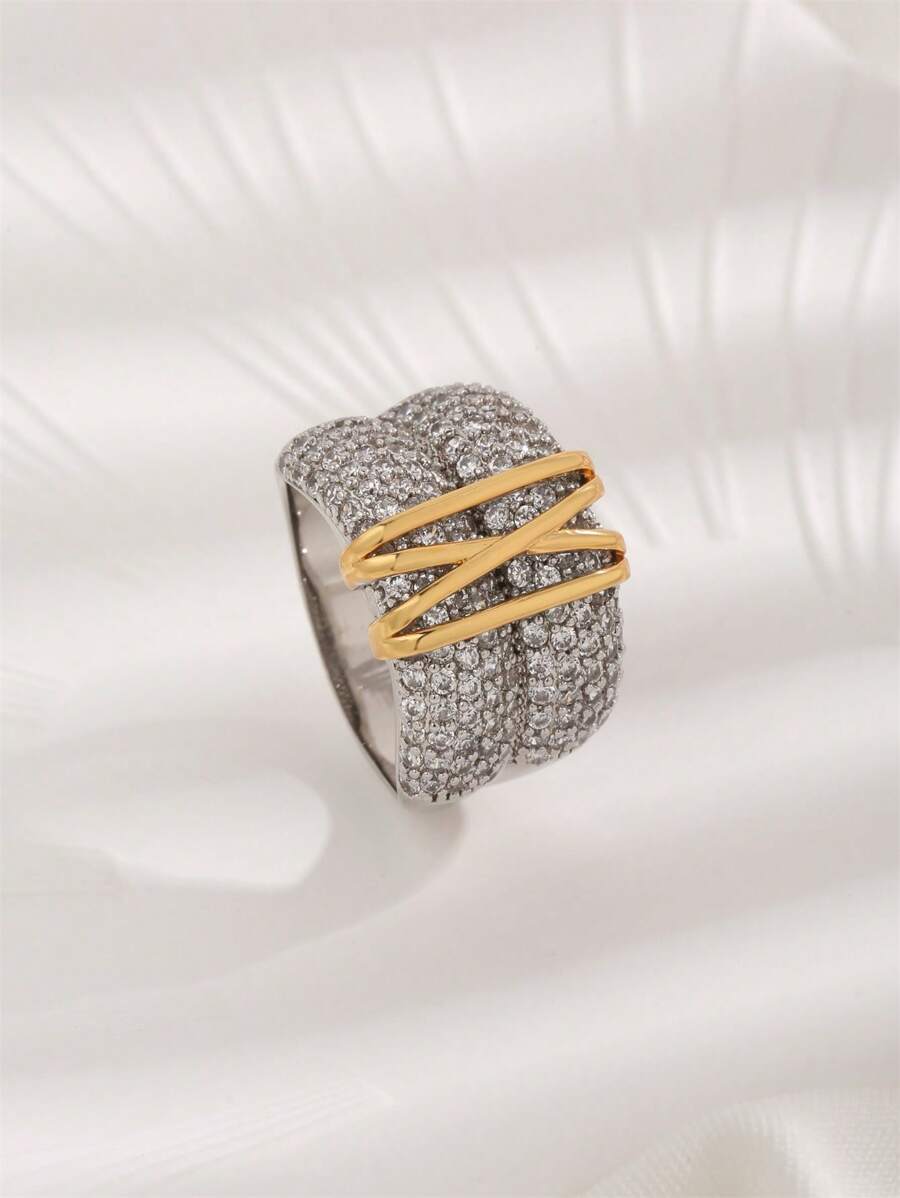 1pc Stylish Dual-Layer Dual-Tone Plated Zirconia Crossed Ring, Unisex Couple Rings Suitable For Daily Wear - Multicolor - View 1