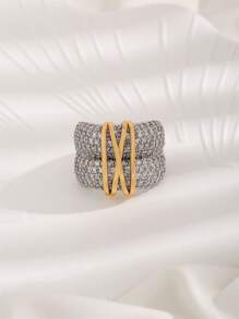 1pc Stylish Dual-Layer Dual-Tone Plated Zirconia Crossed Ring, Unisex Couple Rings Suitable For Daily Wear - Multicolor - View 3