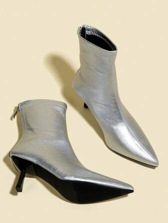 Fall/Winter 2025 Women's Silver Patent Leather Ankle Boots & Booties, 7cm High Heels, Elastic Slim Shaft Comfortable Fashion Boots, High Heel Pumps,Kitten Heels,Party Outfits