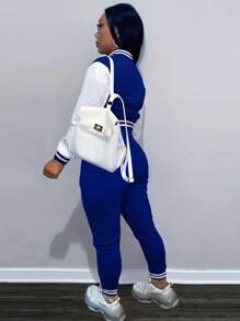 Conjunto de 2 piezas para mujer - Chaqueta de béisbol de un solo botonadura de unicolor y parte superior casual elegante de primavera - blanco azul - Ver 2