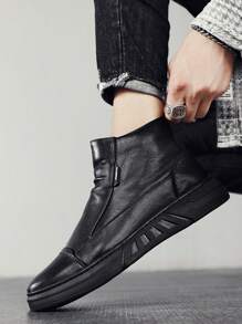 Men's Black Faux Leather High Top Boots, Thermal Lined, Side Zipper, Casual & Stylish Outdoor Wear - Black - View 4