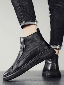 Men's Black Faux Leather High Top Boots, Thermal Lined, Side Zipper, Casual & Stylish Outdoor Wear - Black - View 3