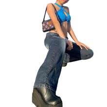 Women Hip Hop Denim Pants, Y2K High Waist Relaxed Fit Washed Wide Leg Jeans With Flap Pockets - Màu xanh lam - Xem 3