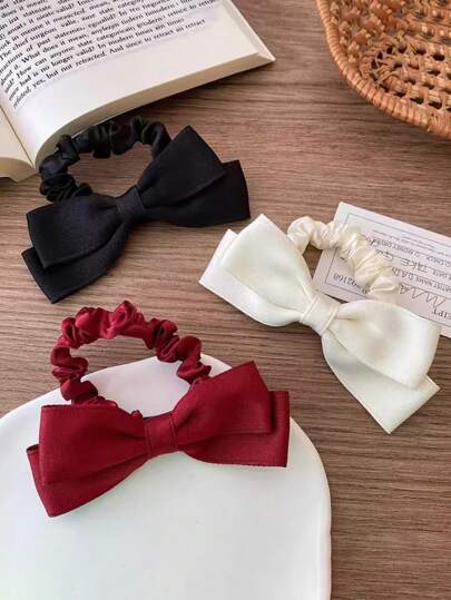 3个/1个优雅缎面蝴蝶结发圈，复古公主风，休闲/街头风，高弹力，大号10厘米/3.94英寸，黑色/米色/咖啡色可选，适合女性日常使用、装饰、派对、节日、通勤、度假、送礼。发圈/发绳/马尾辫发饰