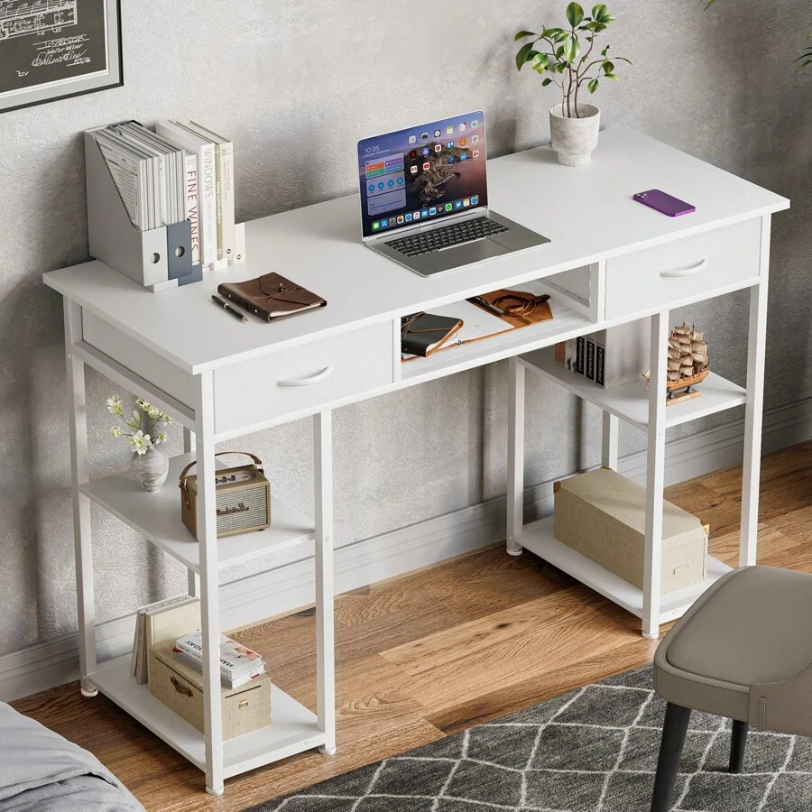 Sweetcrispy Computer Desk Small Home Office Bedroom Writing Study PC Table With Storage Space Fabric Side Bag Headphone Hook Metal Frame Adjustable Feet Modern Simple Style - 白色 - 查看 1
