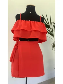 Women's Set Skirt And Cropped Ruffle - Màu Hồng  San hô - Xem 2