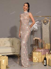 Modphy Vestido largo de rejilla transparente con cuello de pie de diamantes de cristal brillantes, sin mangas, ajustado. Vestido de gala sexy formal para dama de honor, fiesta de boda, ocasión nocturna, vestido para invitado de boda