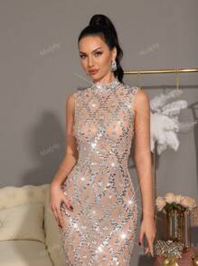 Modphy Vestido largo de rejilla transparente con cuello de pie de diamantes de cristal brillantes, sin mangas, ajustado. Vestido de gala sexy formal para dama de honor, fiesta de boda, ocasión nocturna, vestido para invitado de boda