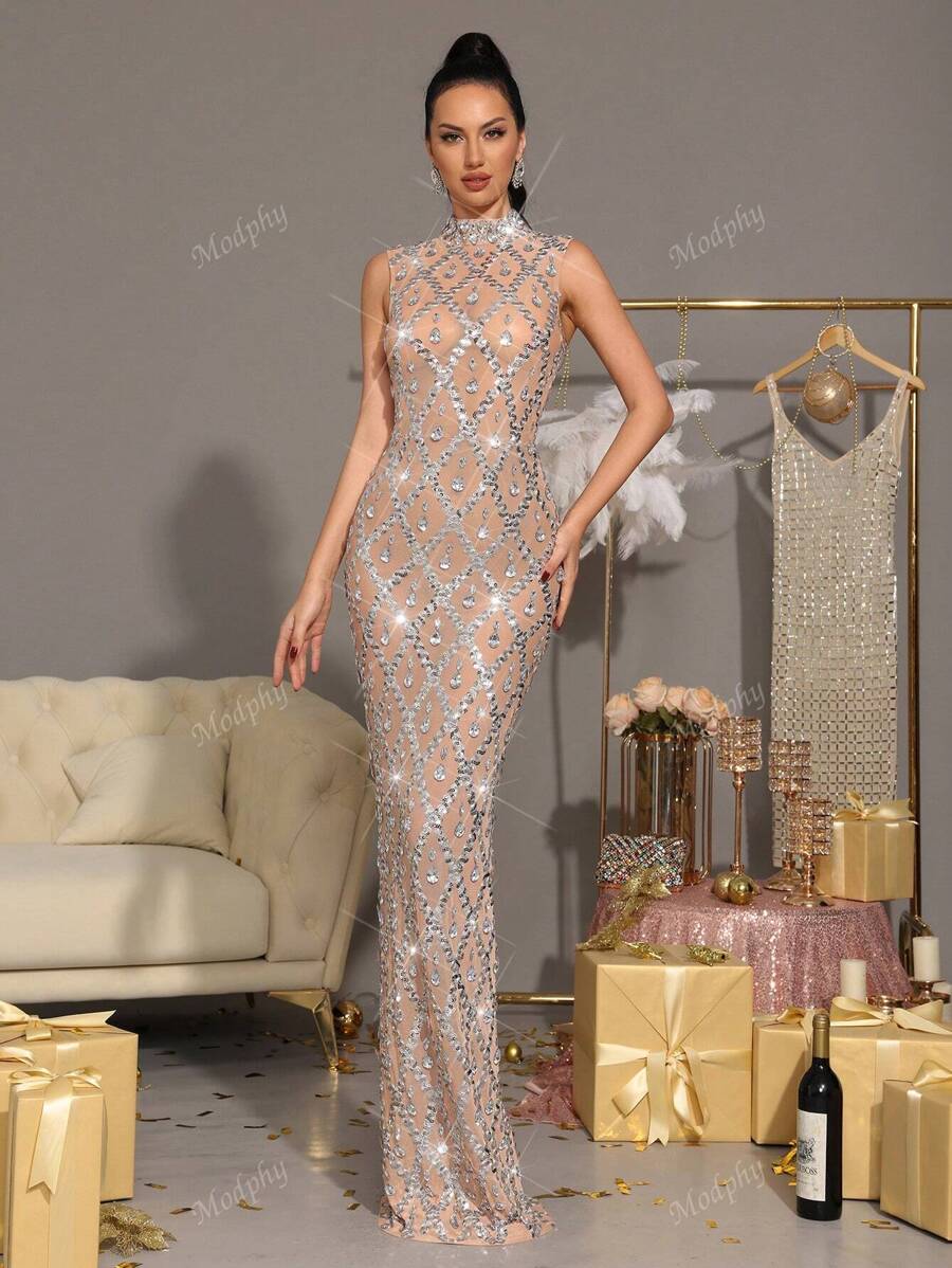 Modphy Vestido largo de rejilla transparente con cuello de pie de diamantes de cristal brillantes, sin mangas, ajustado. Vestido de gala sexy formal para dama de honor, fiesta de boda, ocasión nocturna, vestido para invitado de boda