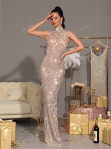Modphy Vestido largo de rejilla transparente con cuello de pie de diamantes de cristal brillantes, sin mangas, ajustado. Vestido de gala sexy formal para dama de honor, fiesta de boda, ocasión nocturna, vestido para invitado de boda