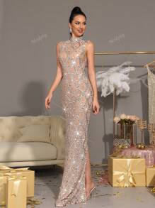 Modphy Vestido largo de rejilla transparente con cuello de pie de diamantes de cristal brillantes, sin mangas, ajustado. Vestido de gala sexy formal para dama de honor, fiesta de boda, ocasión nocturna, vestido para invitado de boda