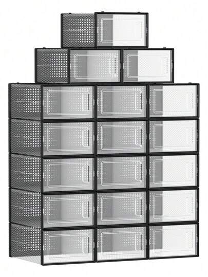 SONGMICS Cajas de Zapatos Plástico Juego de 18 Organizadores de Almacenamiento Caja Zapatero Plástico Plegable y Apilable para Zapatillas hasta talla 44 Transparente y Negro