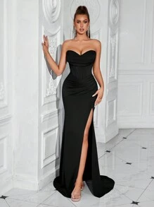 Vestito da sera elegante ADYCE PRO da donna, con scollo a barca, volant a lisca di pesce, plissettato, senza schienale, con spacco frontale, per cerimonie e feste