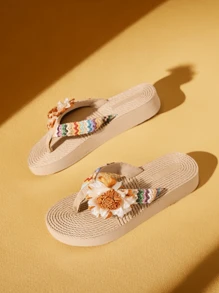 2025 Nowe swobodne, otwarte palce, wygodne paski na kostkę z kwiatowymi klapkami, kolorowe damskie sandały na koturnie, otwarte palce, antypoślizgowa podeszwa, materiał jest bardzo odpowiedni na plażę i wypoczynek, podróże, kolorowe kwiaty, kolorowe sznurowadła, khaki, podeszwy