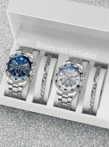 4pcs Set: Men's Business Casual Steel Strap 3-Eye Numeric Scale Large Dial Quartz Wrist Watch + Bracelet