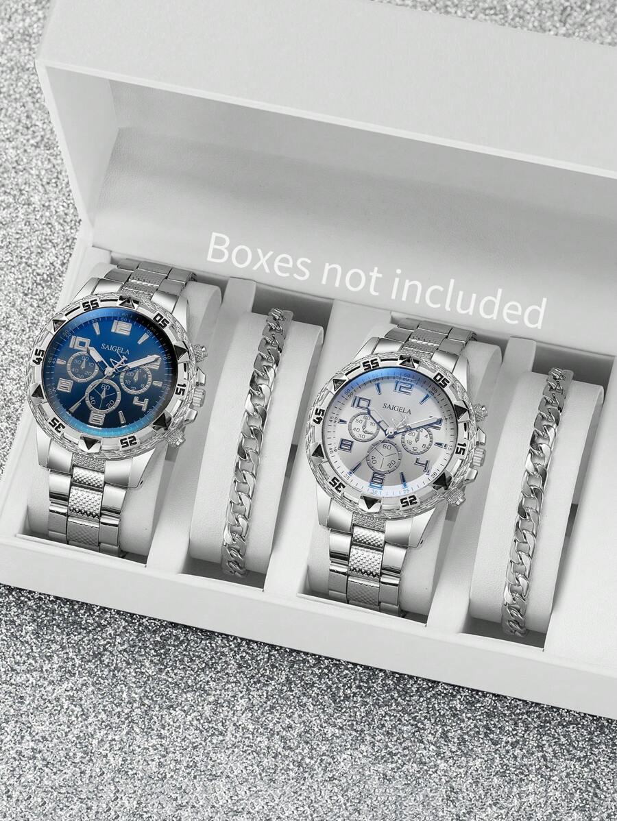 4pcs Set: Men's Business Casual Steel Strap 3-Eye Numeric Scale Large Dial Quartz Wrist Watch + Bracelet