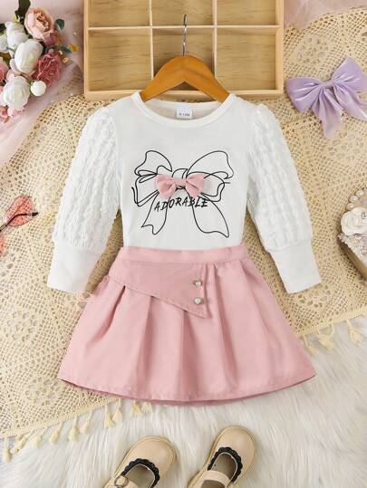 Baby Girl Bubble Sleeve Floral Print Top With Bow Decor And Pleated Skirt Set