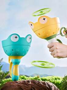 1 Set Children Interactive Frog Shape Wooden Bamboo Dragonfly Flying Disc Sling Shot Outdoor Toys, Includes 1 Launcher And 6 Random Color Discs - Multicolor - View 1