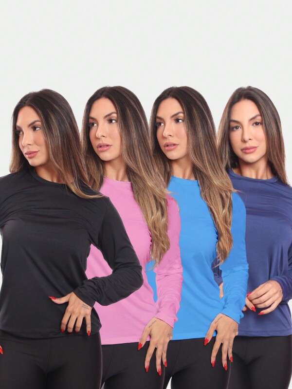 Kit 4 Camisetas Feminina Manga Longa Dry Fit Básica Lisa Proteção Solar UV Térmica Blusa Academia Esporte Praia