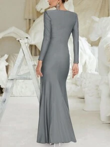 Autumn Winter Long Sleeve Ruched Long Dress In Pink