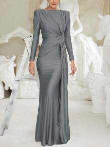 Autumn Winter Long Sleeve Ruched Long Dress In Pink