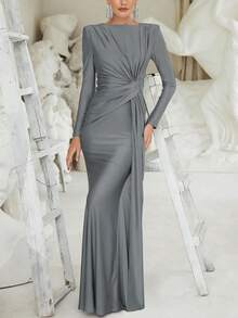 Vestido largo de manga larga con pliegues en color rosa para otoño e invierno - Gris - Ver 3