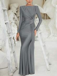 Autumn Winter Long Sleeve Ruched Long Dress In Pink