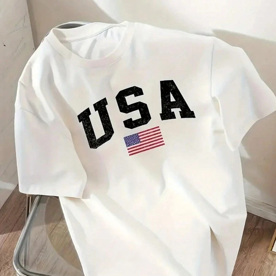 T-Shirt Blouse Women USA T-Shirt Blogger Streetwear Top Casual Spring And Summer Street Women's Clothing 100% Cotton - 白色 - 查看 1