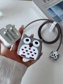 猫头鹰充电线保护器，Apple 20W 英国充电器适配器盖套装，卡通可爱创意设计，兼容 Apple 手机充电器线整理器 - 彩色 - 查看 2