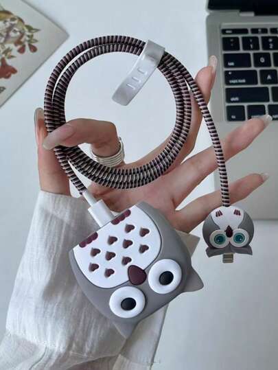 غلاف محمي لكابلات الشحن بتصميم بومة ،مجموعة حامي قابس الشاحن الأصلي Apple 20W UK ، تصميم كرتوني جذاب وإبداعي متوافق مع كابلات شاحن هواتف آبل