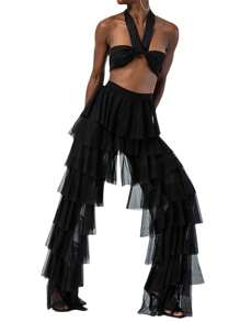 Women Wide Leg Pants, High Waist Layered Tulle Pants Loose Long Trousers Streetwear