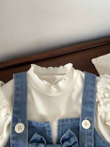 年轻女孩可爱蝴蝶结洗水蓝牛仔背心 + 蕾丝立领长袖打底衫 + 洗水蓝牛仔短裙 - 藍色 - 查看 7