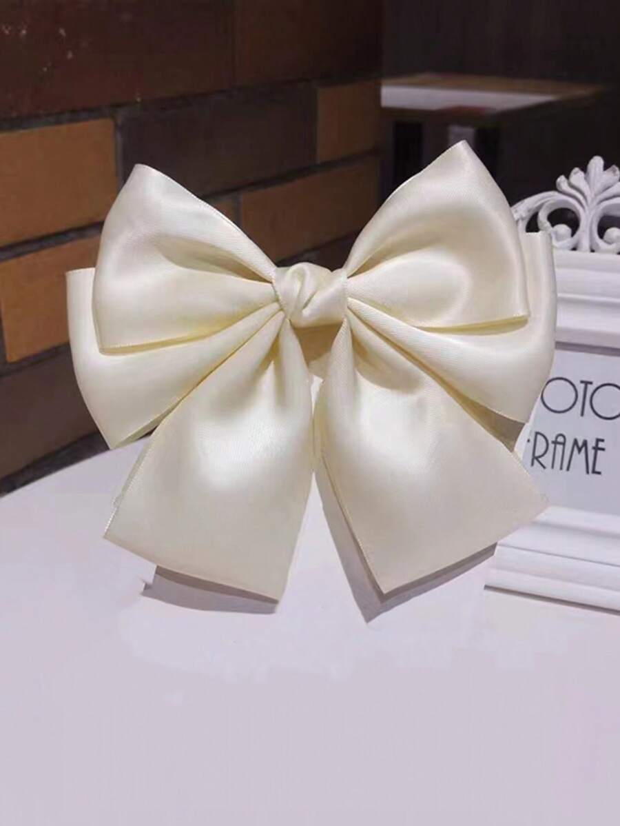 1pc Satin Ribbon Bow Spring Clip Hair Barrette Cute, School Stuff, Elegant, College, Bows, Head Accessories, Hair Accessories For Women - Beige - View 1