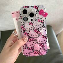 Sanrio Custodia per telefono cellulare compatibile con iPhone 15/14 Pro Max, con immagine cartoni animati Sanrio, sfondo rosa sfumato, motivo gatto carino, effetto laser a forma di cuore, adatto per modello 13 (esclusa catena)