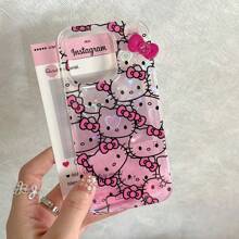 Sanrio Custodia per telefono cellulare compatibile con iPhone 15/14 Pro Max, con immagine cartoni animati Sanrio, sfondo rosa sfumato, motivo gatto carino, effetto laser a forma di cuore, adatto per modello 13 (esclusa catena)