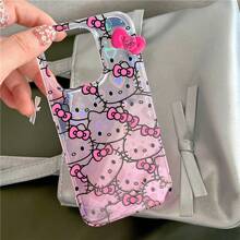 Sanrio Custodia per telefono cellulare compatibile con iPhone 15/14 Pro Max, con immagine cartoni animati Sanrio, sfondo rosa sfumato, motivo gatto carino, effetto laser a forma di cuore, adatto per modello 13 (esclusa catena)