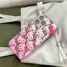Sanrio Custodia per telefono cellulare compatibile con iPhone 15/14 Pro Max, con immagine cartoni animati Sanrio, sfondo rosa sfumato, motivo gatto carino, effetto laser a forma di cuore, adatto per modello 13 (esclusa catena)