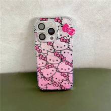 Sanrio Custodia per telefono cellulare compatibile con iPhone 15/14 Pro Max, con immagine cartoni animati Sanrio, sfondo rosa sfumato, motivo gatto carino, effetto laser a forma di cuore, adatto per modello 13 (esclusa catena)