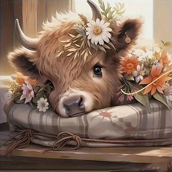 迷人高地牛钻石画套装配向日葵 - 圆形钻石，动物主题帆布艺术，适用于 DIY 家居墙面装饰，工艺套装